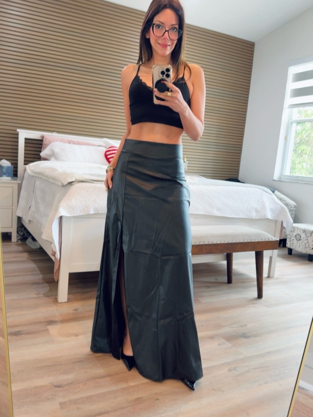 Sleek Black Faux-Leather Maxi Skirt with Front Slit